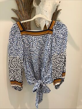 Maeve Blue and White Printed Square-Neck Tie-Front Blouse with Mustard Stripe